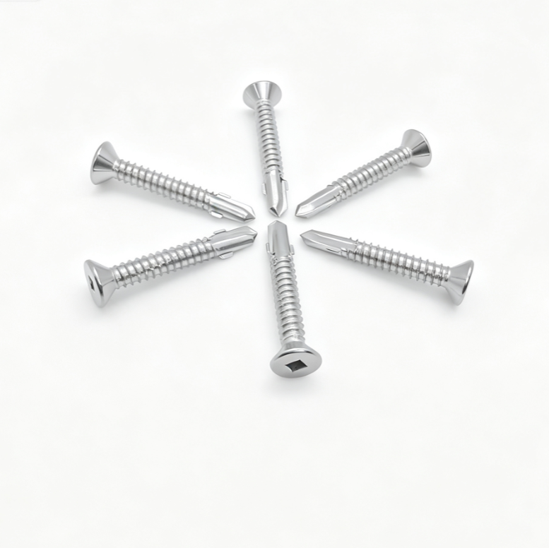 Flat Head Square Recess Self-Drilling Screws With Under-Head Ribs, Three Notches Threads & Wing Point