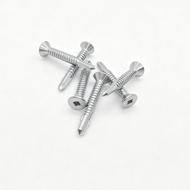 Flat Head Square Recess Self-Drilling Screws With Under-Head Ribs, Three Notches Threads & Wing Point