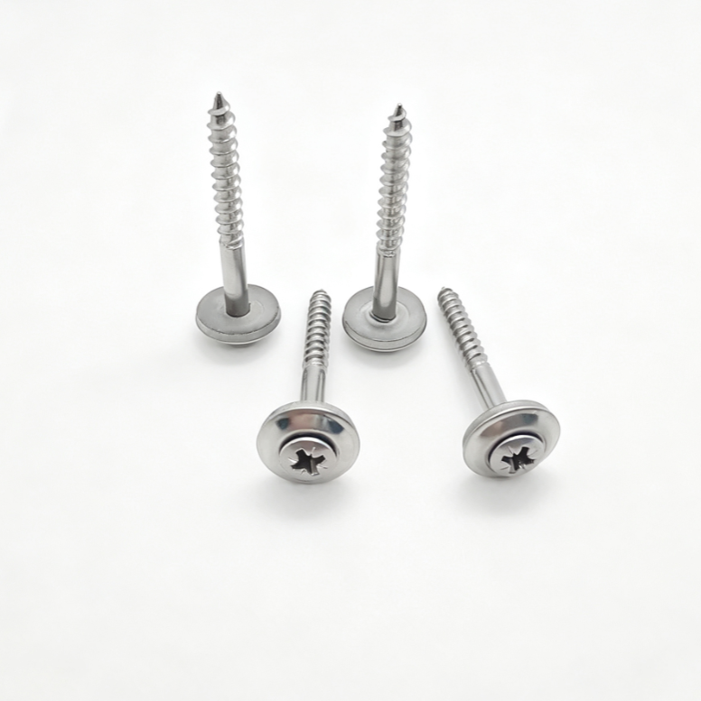 Stainless Steel Round Head Pozi Drive Sharp Point Screws Non-Full Thread With Stainless Steel Rubber Washer