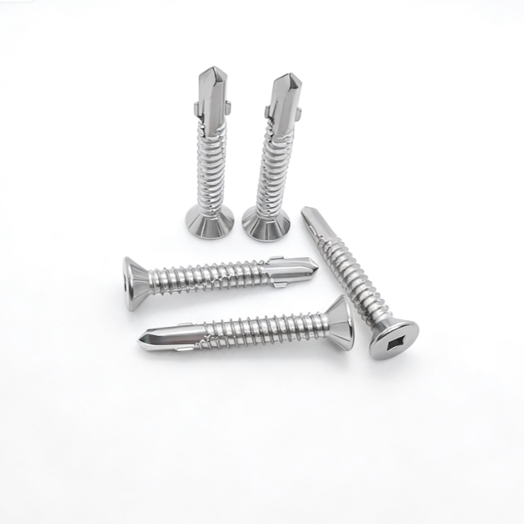 Flat Head Square Recess Self-Drilling Screws With Under-Head Ribs, Three Notches Threads & Wing Point