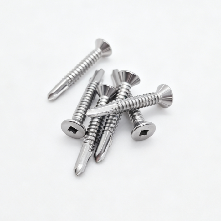 Flat Head Square Recess Self-Drilling Screws With Under-Head Ribs, Three Notches Threads & Wing Point