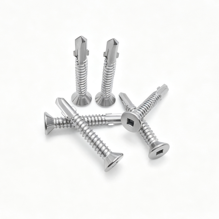 Flat Head Square Recess Self-Drilling Screws With Under-Head Ribs, Three Notches Threads & Wing Point