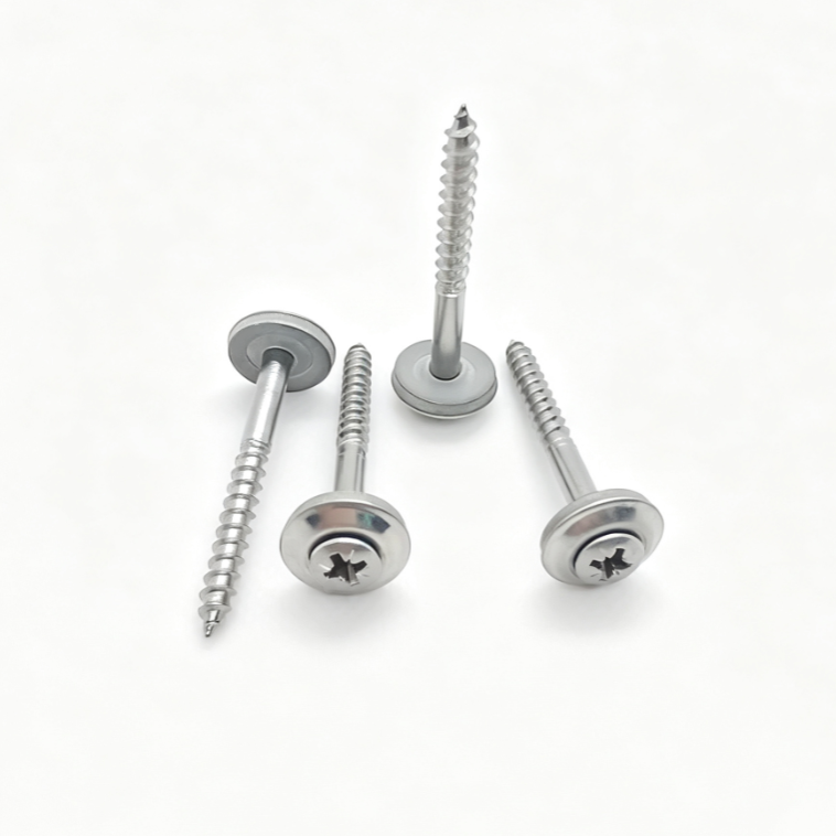 Stainless Steel Round Head Pozi Drive Sharp Point Screws Non-Full Thread With Stainless Steel Rubber Washer